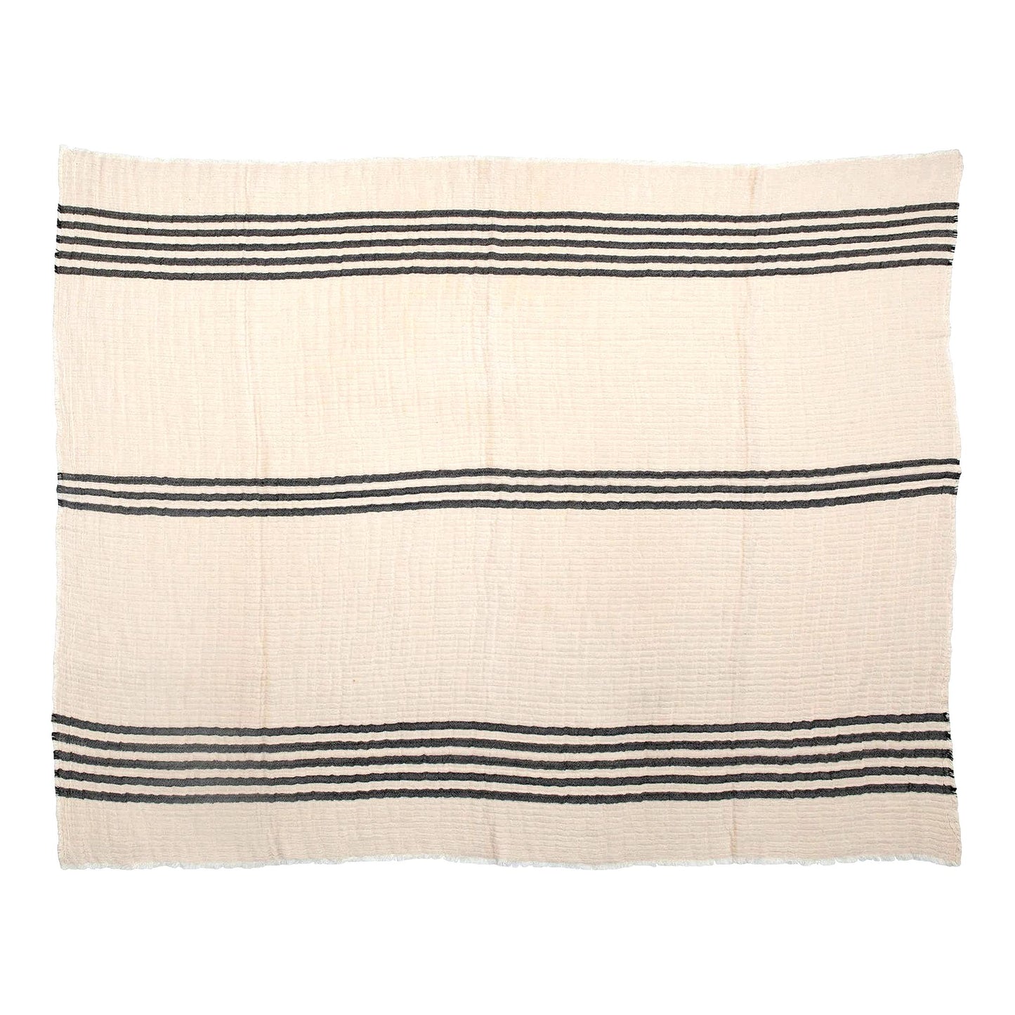 Coastal Stripe Woven Cotton Blanket with Frayed Edges - Cream & Black