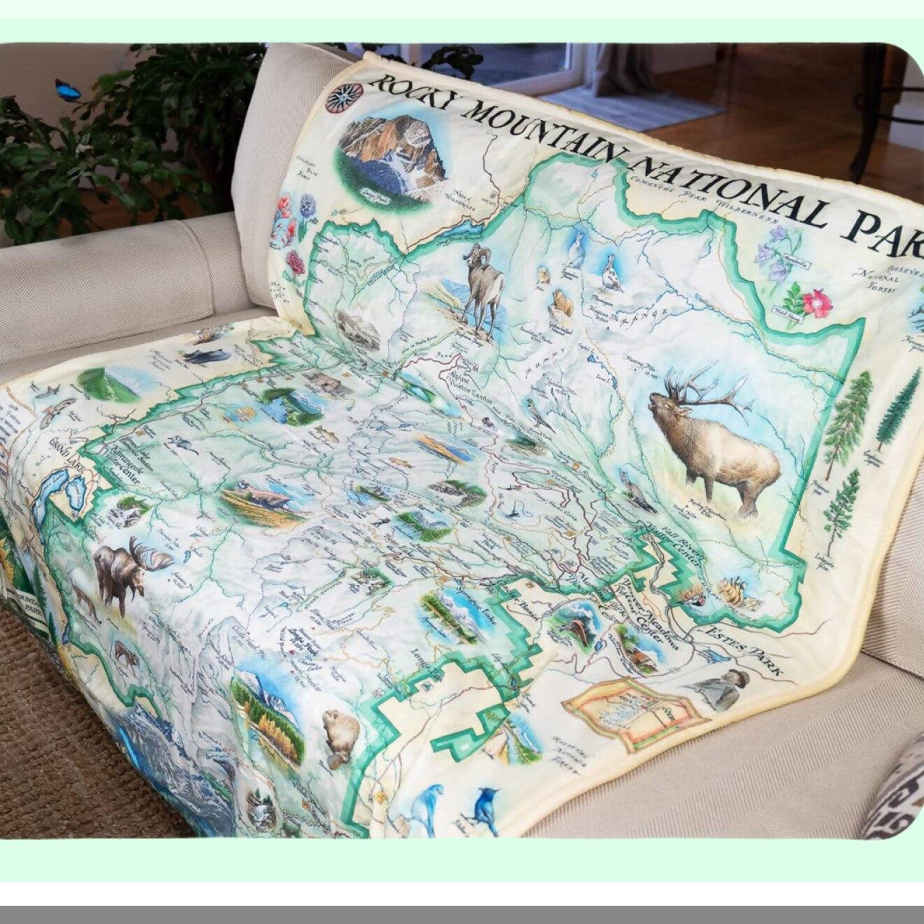 Rocky Mountain Adventure Map Fleece Blanket - Hand-Drawn Art, Soft & Cozy Throw for Couch, Perfect Unique Gift, 58"x50"