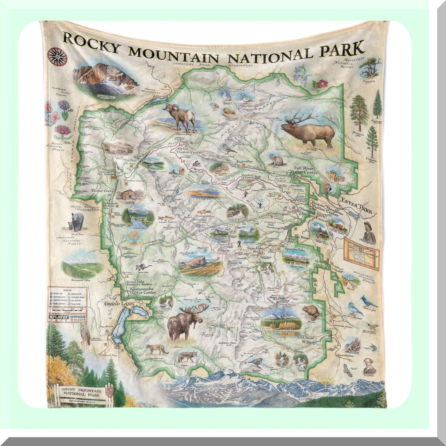 Rocky Mountain Adventure Map Fleece Blanket - Hand-Drawn Art, Soft & Cozy Throw for Couch, Perfect Unique Gift, 58"x50"