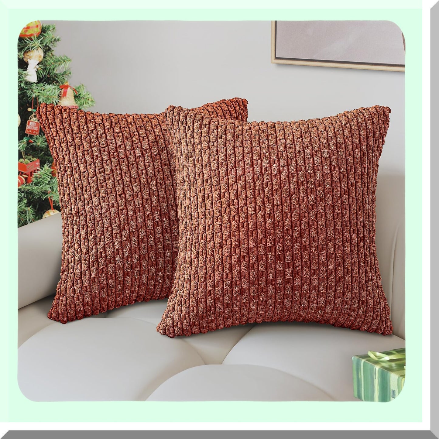 CozyStripe Corduroy Pillow Covers - Set of 2 Soft Boho Farmhouse Decor for Sofa, Couch, Bed - 18x18 Inch Rustic Square Throw Pillow Cases for Living Room