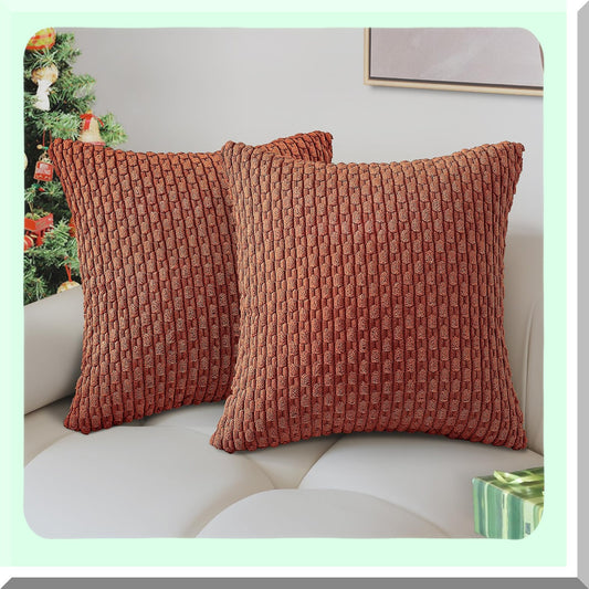 CozyStripe Corduroy Pillow Covers - Set of 2 Soft Boho Farmhouse Decor for Sofa, Couch, Bed - 18x18 Inch Rustic Square Throw Pillow Cases for Living Room