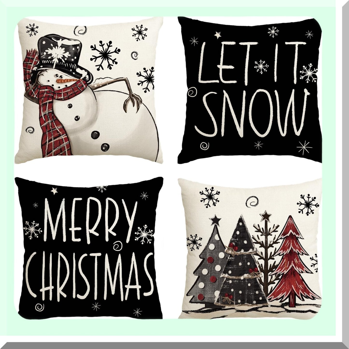 Snowy Holiday Cheer Pillow Covers - Set of 4 Winter Xmas Tree Cushion Cases for Sofa Couch, 18x18 Inch Let It Snow Decoration