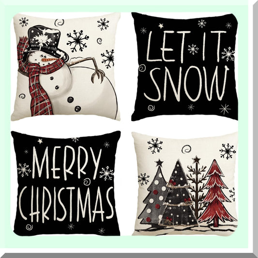Snowy Holiday Cheer Pillow Covers - Set of 4 Winter Xmas Tree Cushion Cases for Sofa Couch, 18x18 Inch Let It Snow Decoration