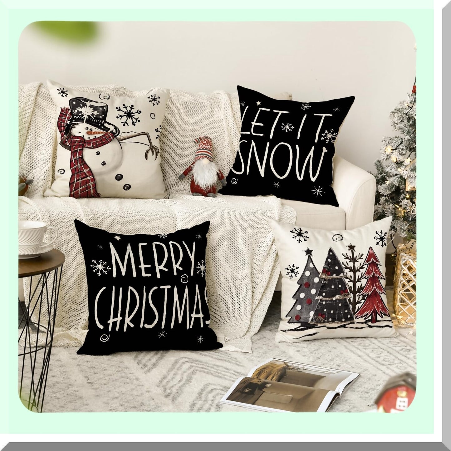 Snowy Holiday Cheer Pillow Covers - Set of 4 Winter Xmas Tree Cushion Cases for Sofa Couch, 18x18 Inch Let It Snow Decoration