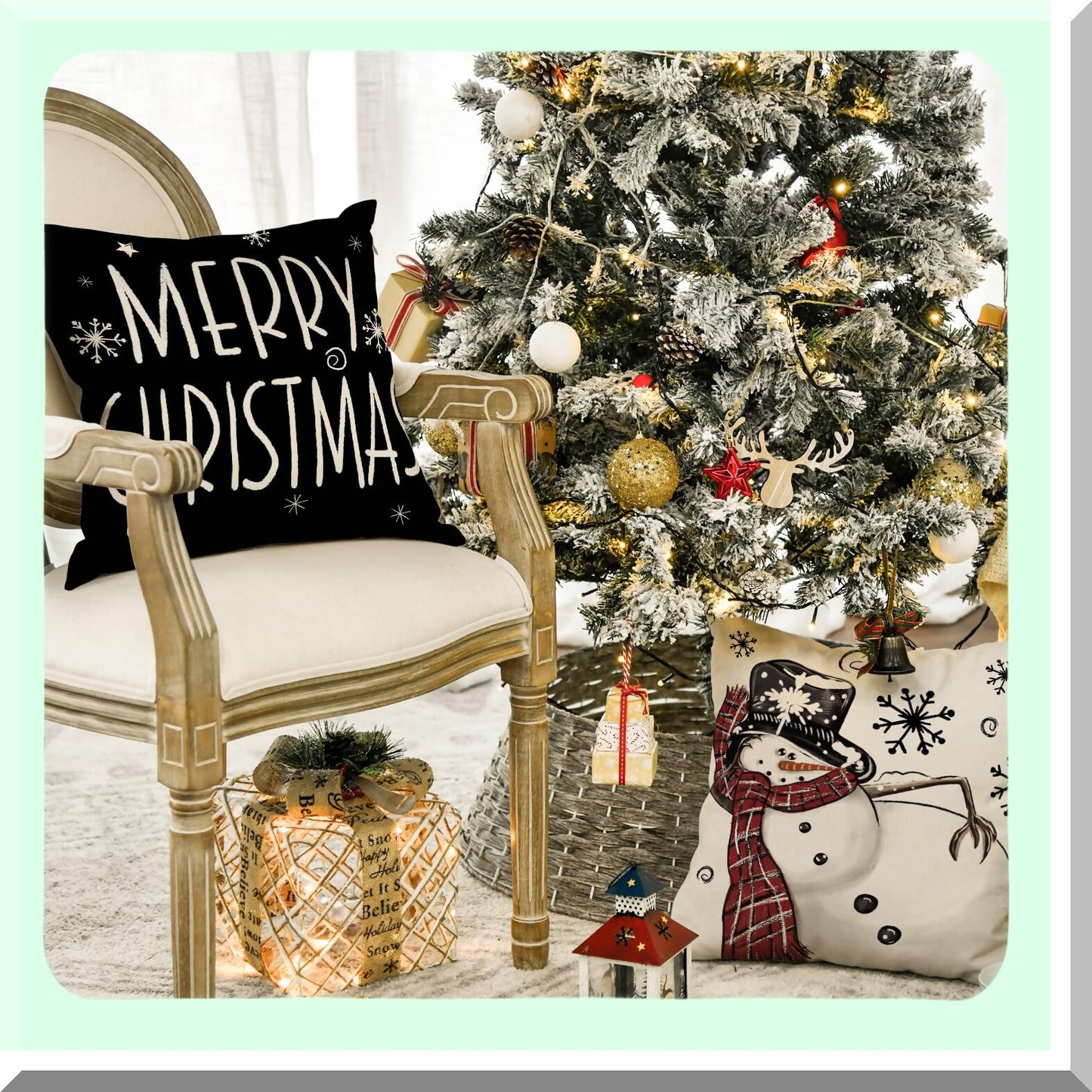 Snowy Holiday Cheer Pillow Covers - Set of 4 Winter Xmas Tree Cushion Cases for Sofa Couch, 18x18 Inch Let It Snow Decoration