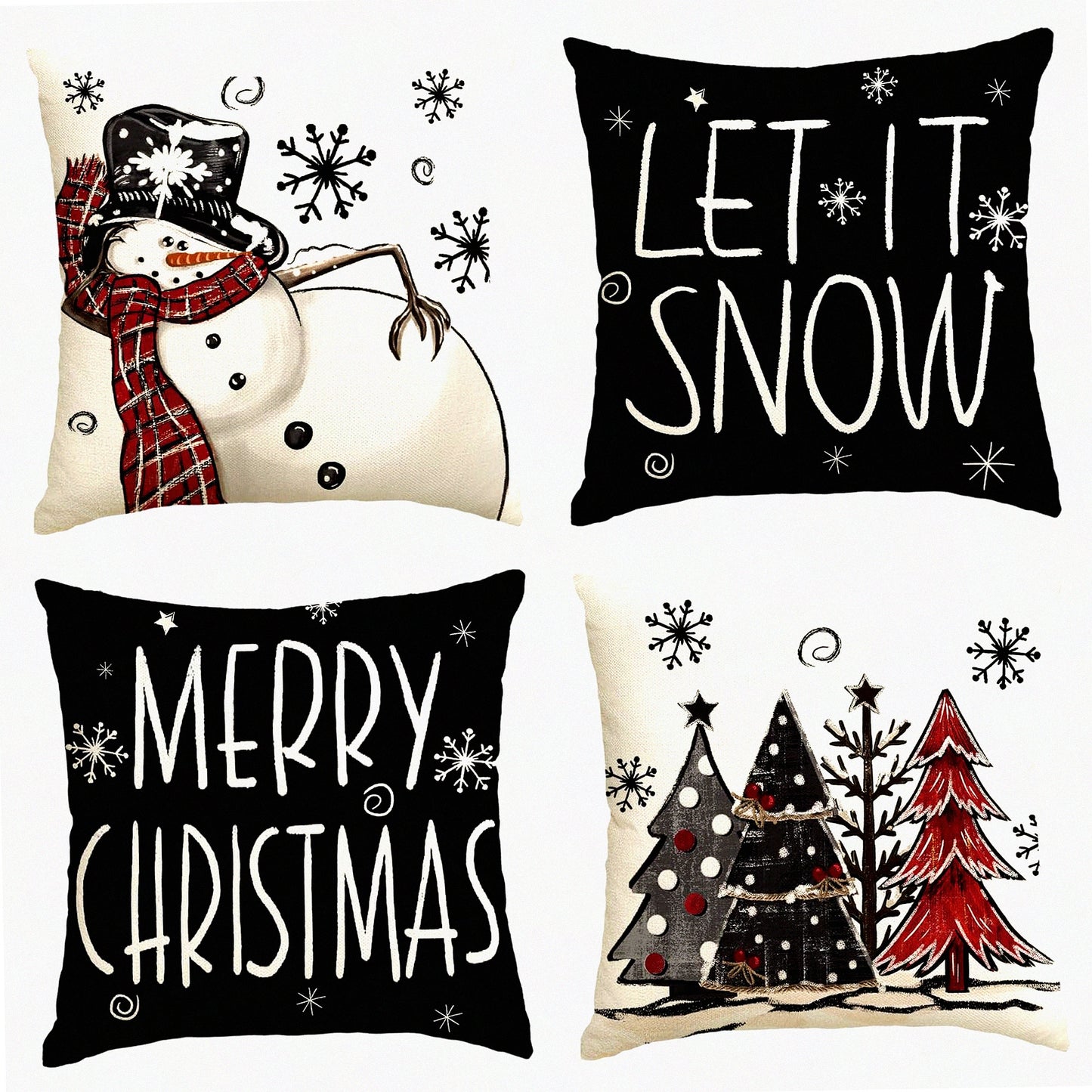Snowy Holiday Cheer Pillow Covers - Set of 4 Winter Xmas Tree Cushion Cases for Sofa Couch, 18x18 Inch Let It Snow Decoration