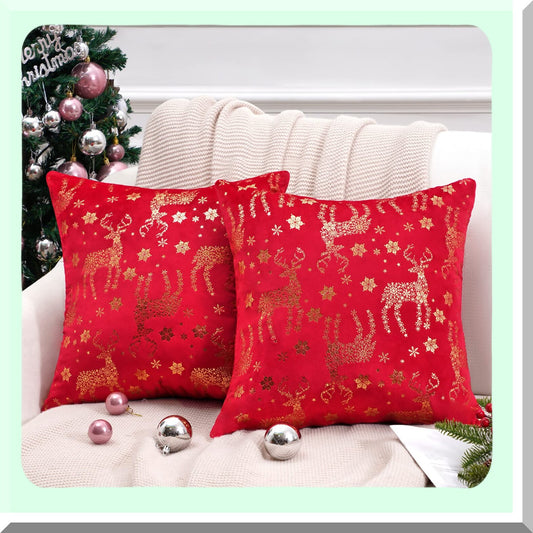 Snowflake Reindeer Holiday Pillow Covers - Set of 2, 18x18 Bright Crimson Velvet Decorative Cases for Home Couch, Red and Gold Theme