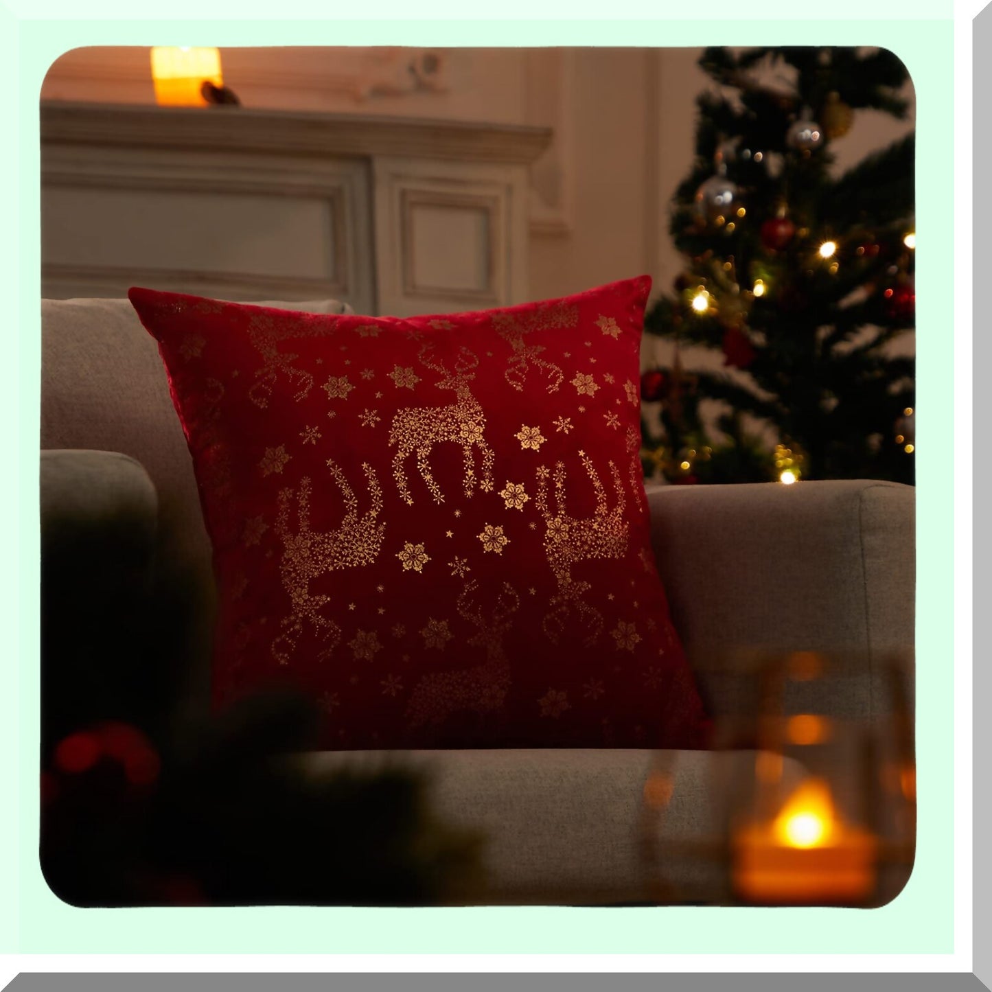 Snowflake Reindeer Holiday Pillow Covers - Set of 2, 18x18 Bright Crimson Velvet Decorative Cases for Home Couch, Red and Gold Theme