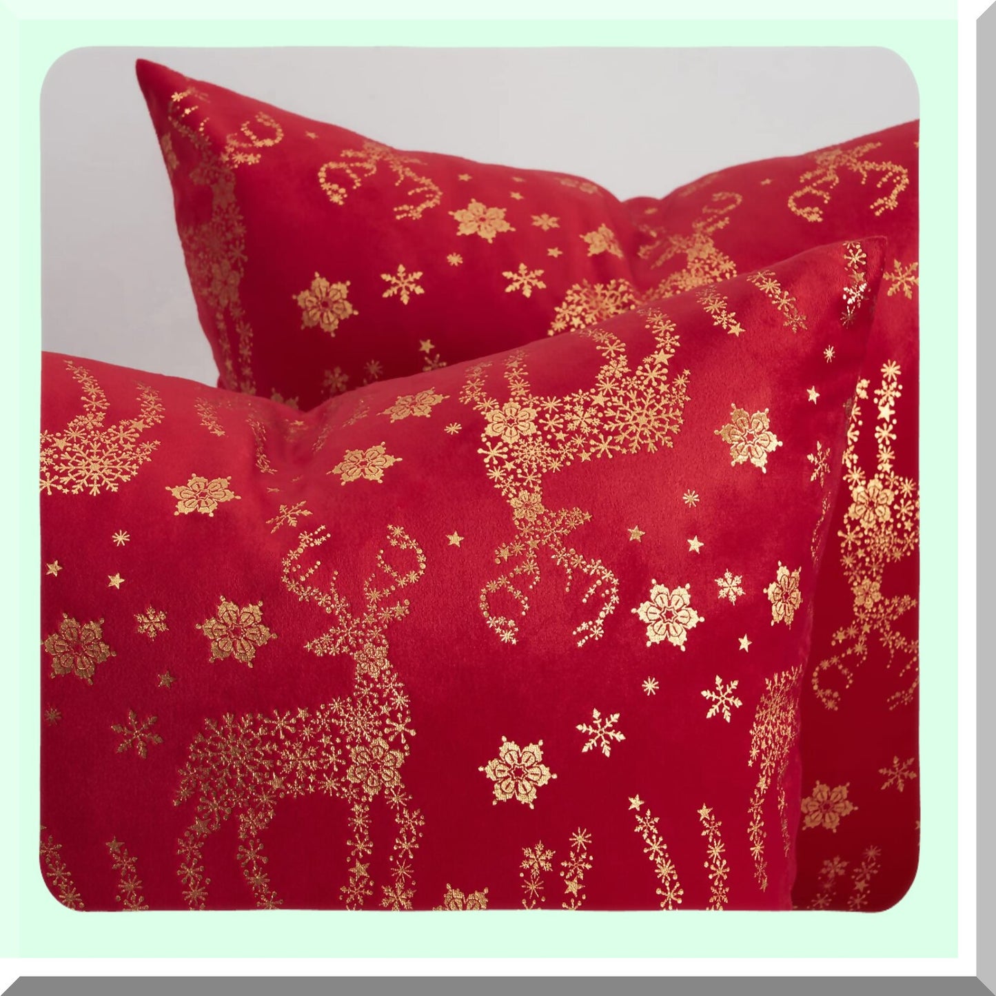 Snowflake Reindeer Holiday Pillow Covers - Set of 2, 18x18 Bright Crimson Velvet Decorative Cases for Home Couch, Red and Gold Theme