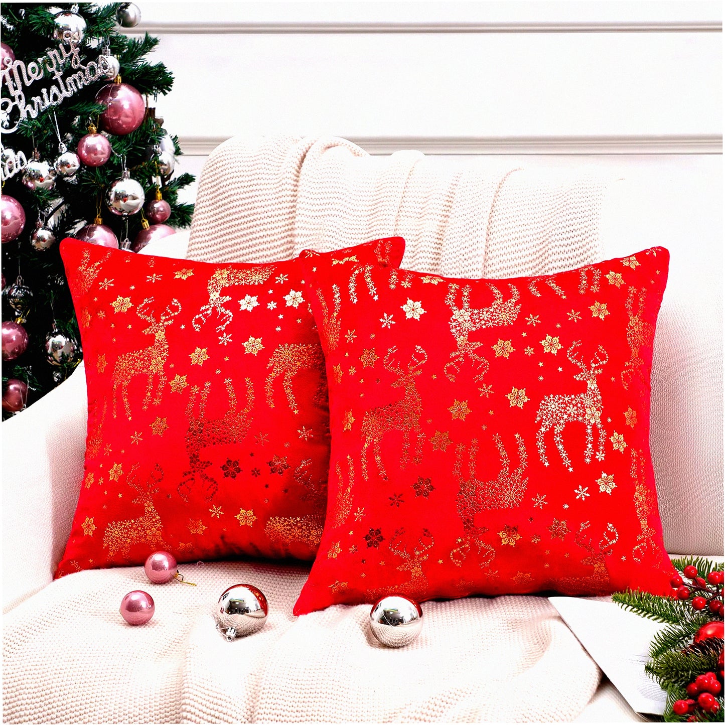 Snowflake Reindeer Holiday Pillow Covers - Set of 2, 18x18 Bright Crimson Velvet Decorative Cases for Home Couch, Red and Gold Theme