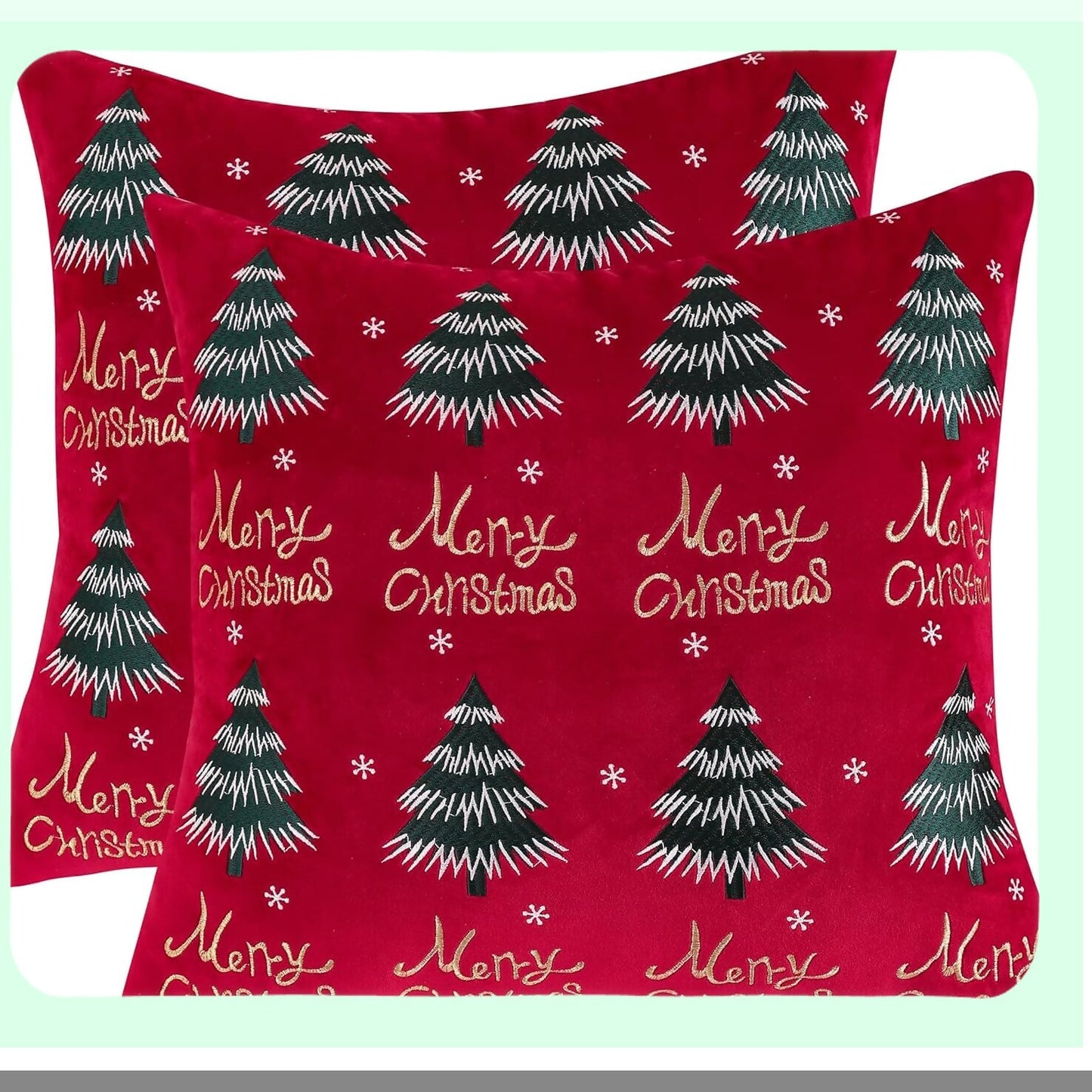 Velvet Merry Tree Holiday Pillow Covers - Set of 2 Red Winter Party Decorations, 12 x 20 inch Cushion Cases