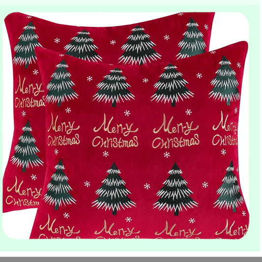 Velvet Merry Tree Holiday Pillow Covers - Set of 2 Red Winter Party Decorations, 12 x 20 inch Cushion Cases