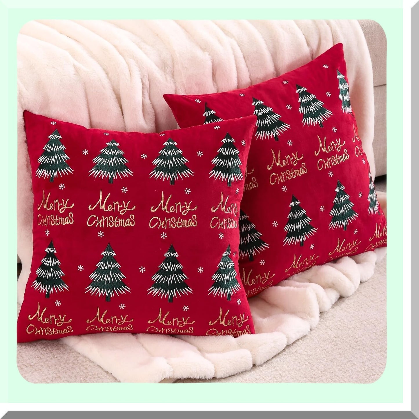 Velvet Merry Tree Holiday Pillow Covers - Set of 2 Red Winter Party Decorations, 12 x 20 inch Cushion Cases