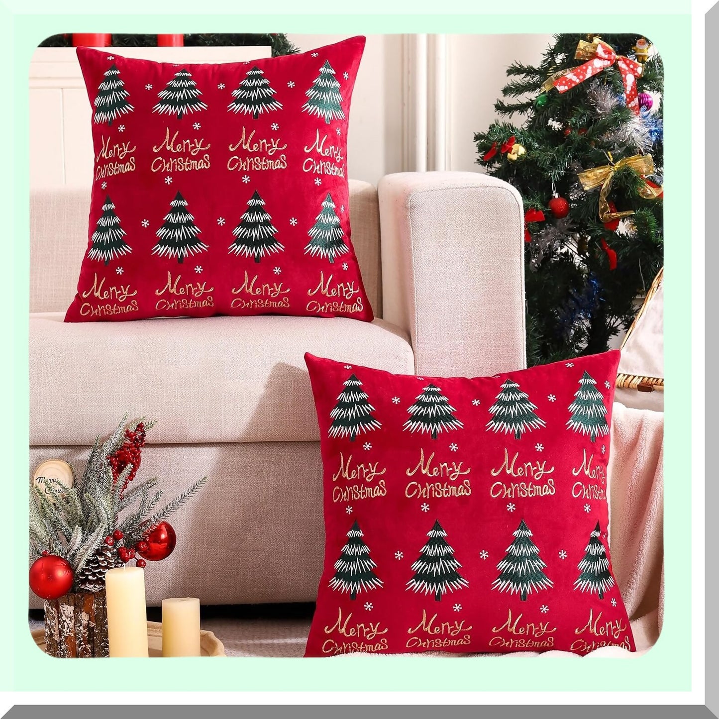 Velvet Merry Tree Holiday Pillow Covers - Set of 2 Red Winter Party Decorations, 12 x 20 inch Cushion Cases