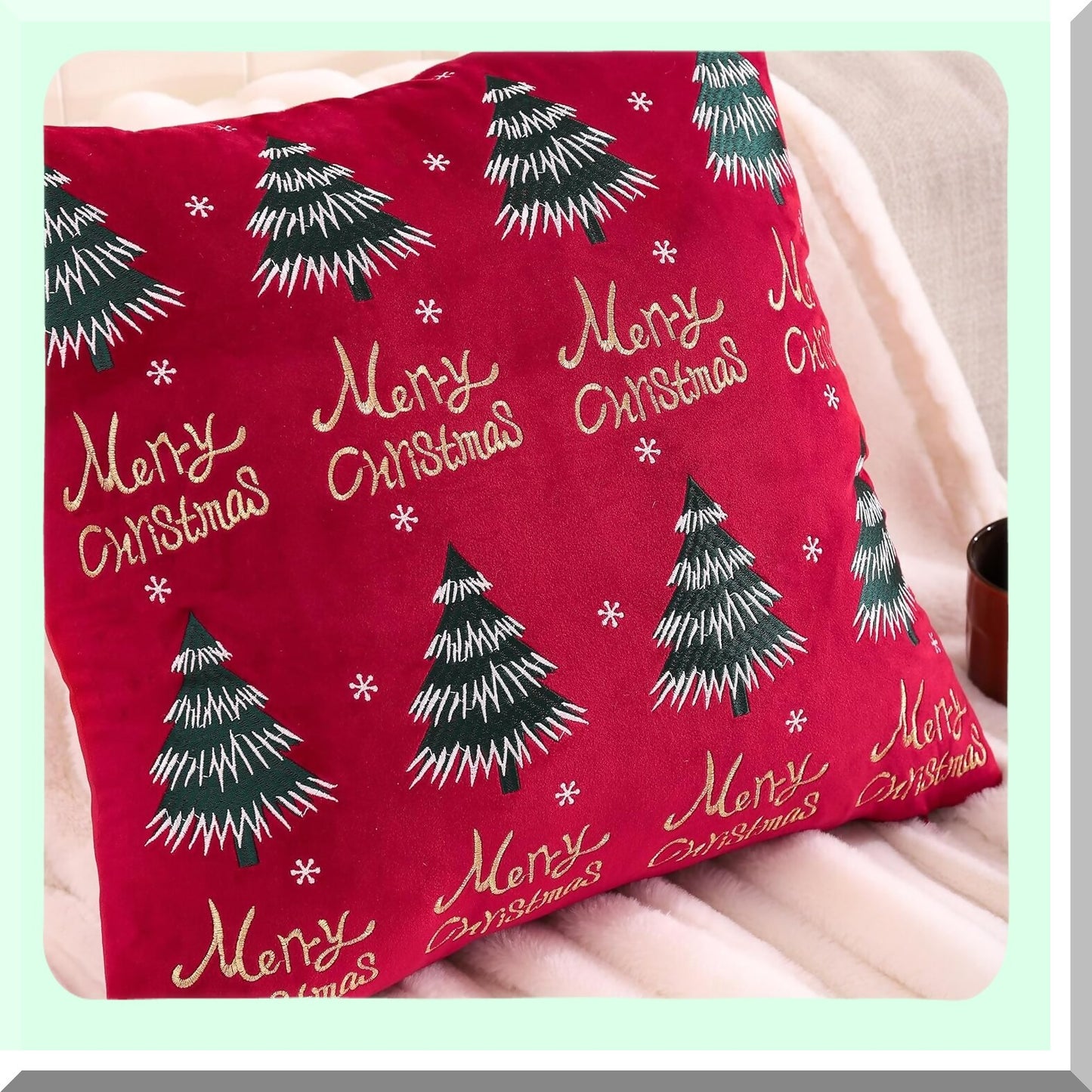 Velvet Merry Tree Holiday Pillow Covers - Set of 2 Red Winter Party Decorations, 12 x 20 inch Cushion Cases