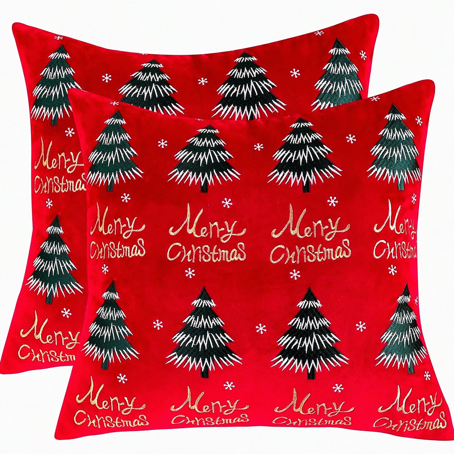 Velvet Merry Tree Holiday Pillow Covers - Set of 2 Red Winter Party Decorations, 12 x 20 inch Cushion Cases