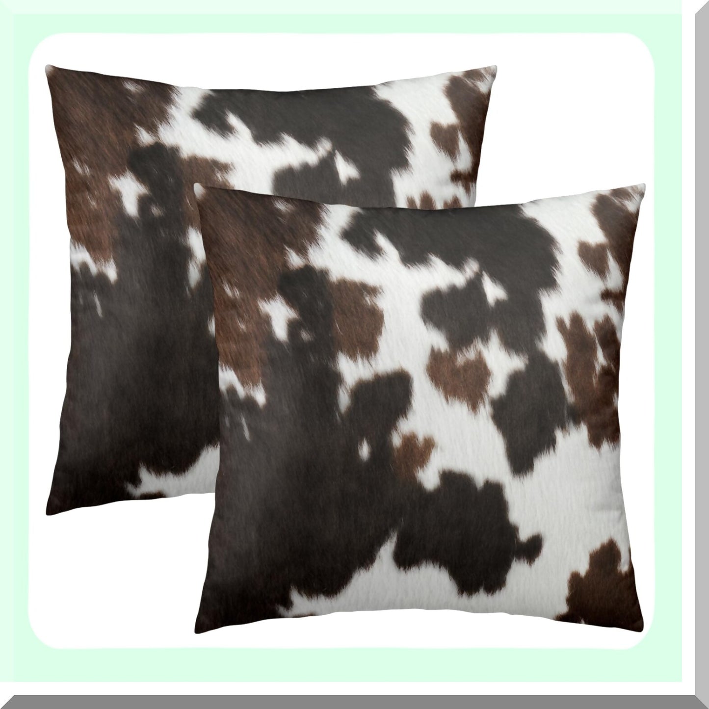 Cowhide Farmhouse Pillow Set - Western Cow Print Covers 20x20 Inch (Set of 2) in Brown, Black, and White. Animal Print Pillow Case for Home Decor on Couch, Bed, or Sofa.