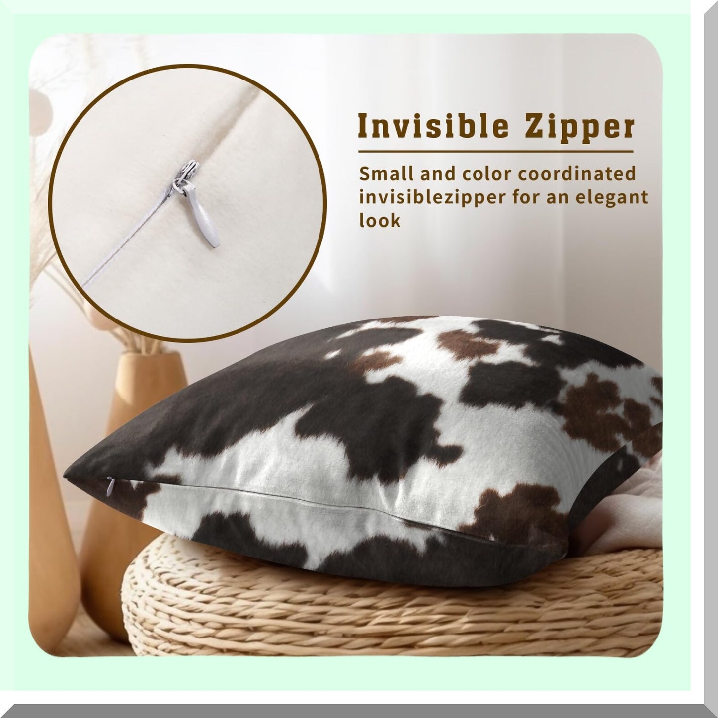 Cowhide Farmhouse Pillow Set - Western Cow Print Covers 20x20 Inch (Set of 2) in Brown, Black, and White. Animal Print Pillow Case for Home Decor on Couch, Bed, or Sofa.