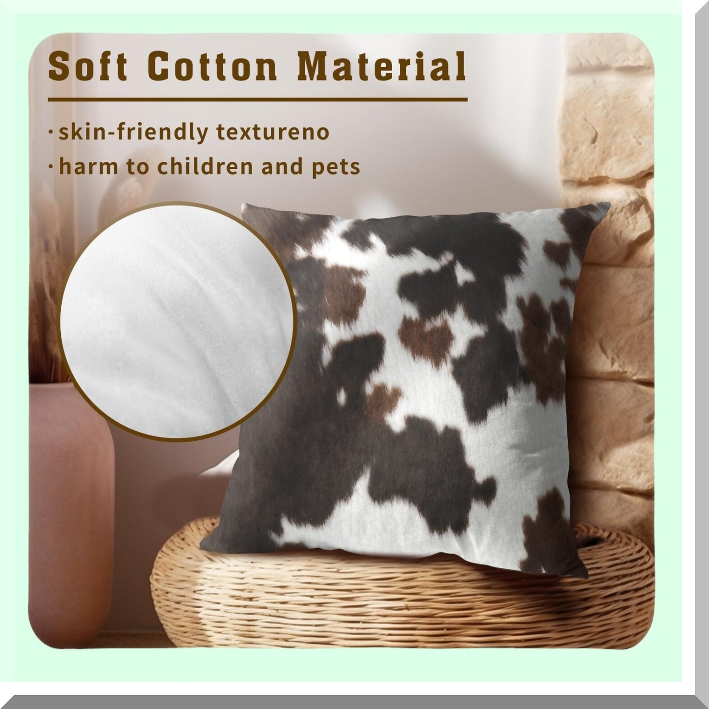 Cowhide Farmhouse Pillow Set - Western Cow Print Covers 20x20 Inch (Set of 2) in Brown, Black, and White. Animal Print Pillow Case for Home Decor on Couch, Bed, or Sofa.