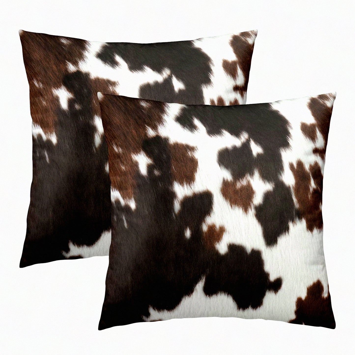 Cowhide Farmhouse Pillow Set - Western Cow Print Covers 20x20 Inch (Set of 2) in Brown, Black, and White. Animal Print Pillow Case for Home Decor on Couch, Bed, or Sofa.