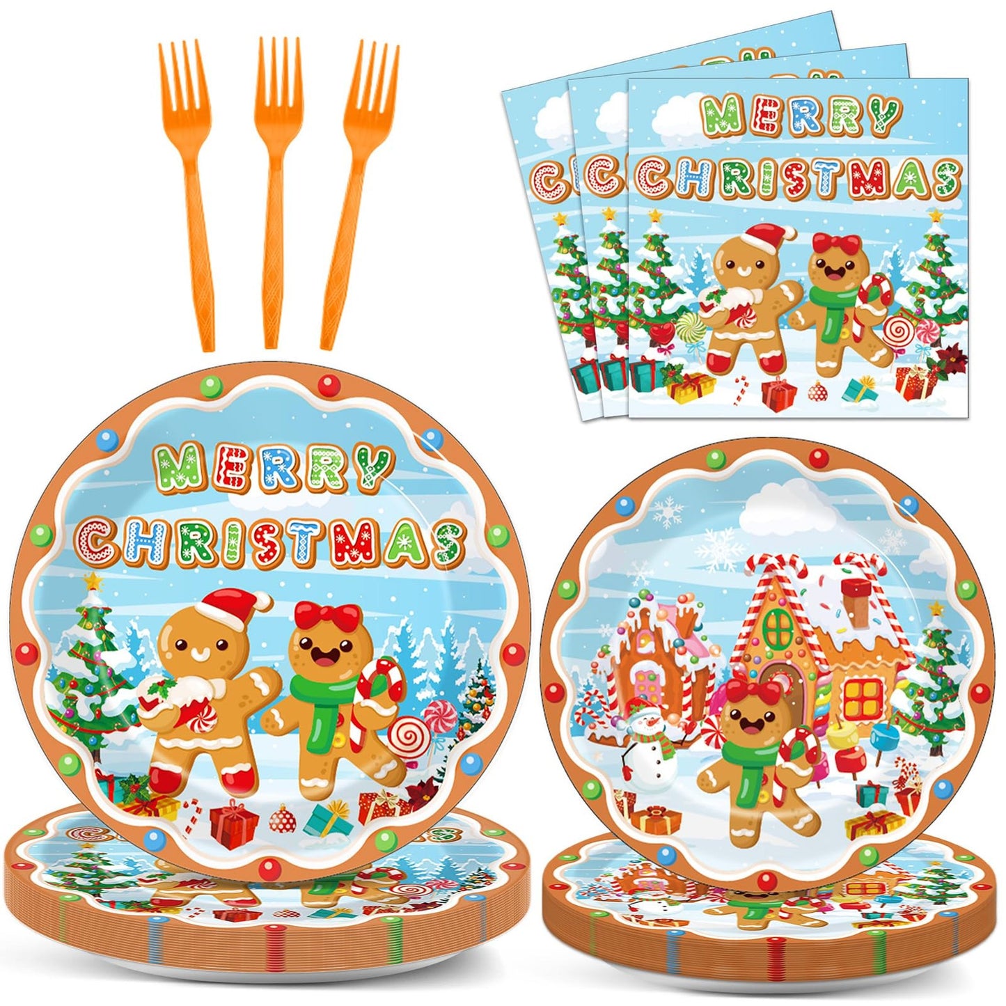Gingerbread Party Pack - 96 Piece Set for Family Gathering, Winter Holiday Birthday Decorations & Favors - Serves 24 - Plates, Napkins & More