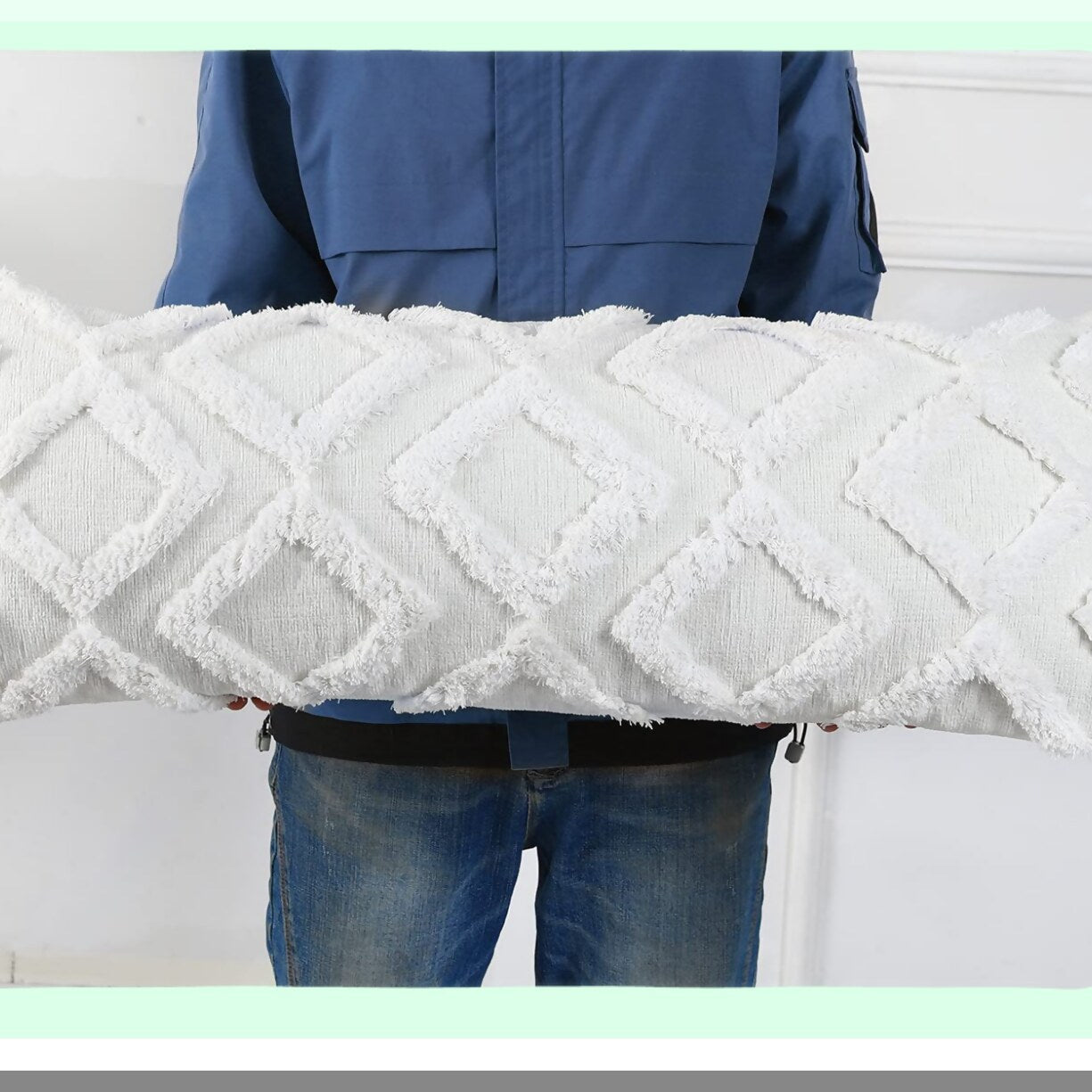 Chenille Diamond Lumbar Pillow Cover - Extra Long 14x36 - Plush Cushion Case for Sofa Couch Bed - Farmhouse Decor - Modern Boho - Cream White