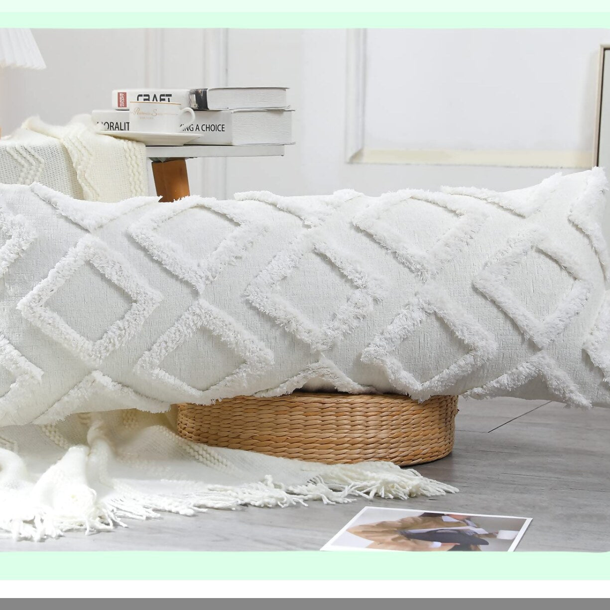 Chenille Diamond Lumbar Pillow Cover - Extra Long 14x36 - Plush Cushion Case for Sofa Couch Bed - Farmhouse Decor - Modern Boho - Cream White