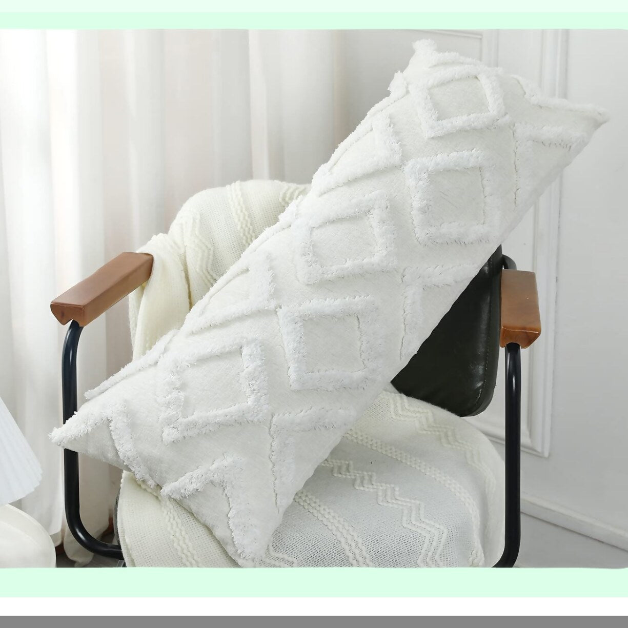 Chenille Diamond Lumbar Pillow Cover - Extra Long 14x36 - Plush Cushion Case for Sofa Couch Bed - Farmhouse Decor - Modern Boho - Cream White