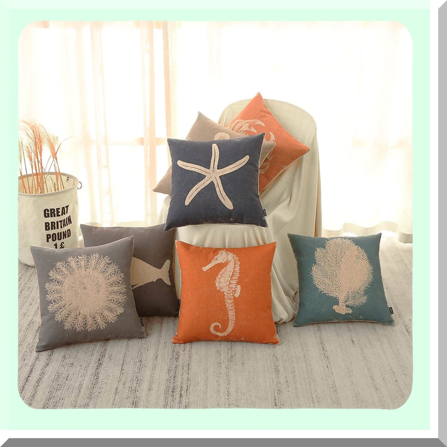 Coastal Crab Linen Pillowcase - Ocean Theme Square Throw Cushion Cover for Sofa, Chair, Office - 18x18 Inch PL730TR