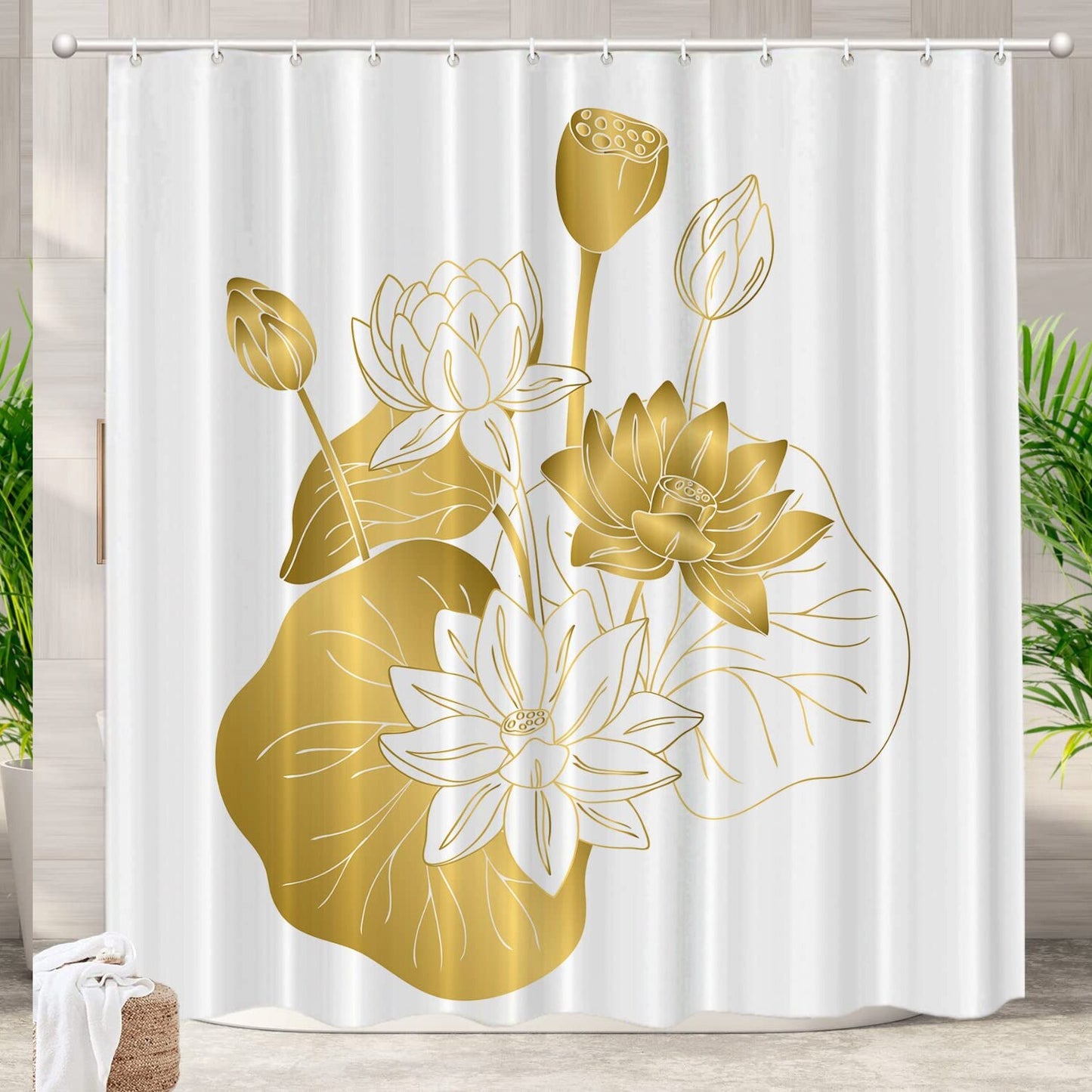 Color Gold White Lotus Decorative Shower Curtain 72x72 inches