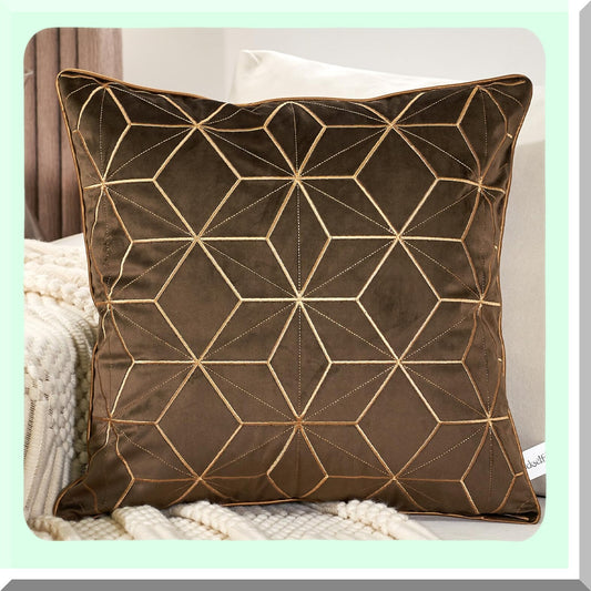 Luxury Plaid Geometric Velvet Pillow Covers - Dark Brown Gold Embroidery Cushion Case - Modern Decorative Square Throw Pillow for Living Room & Bedroom - 16x16 Inch