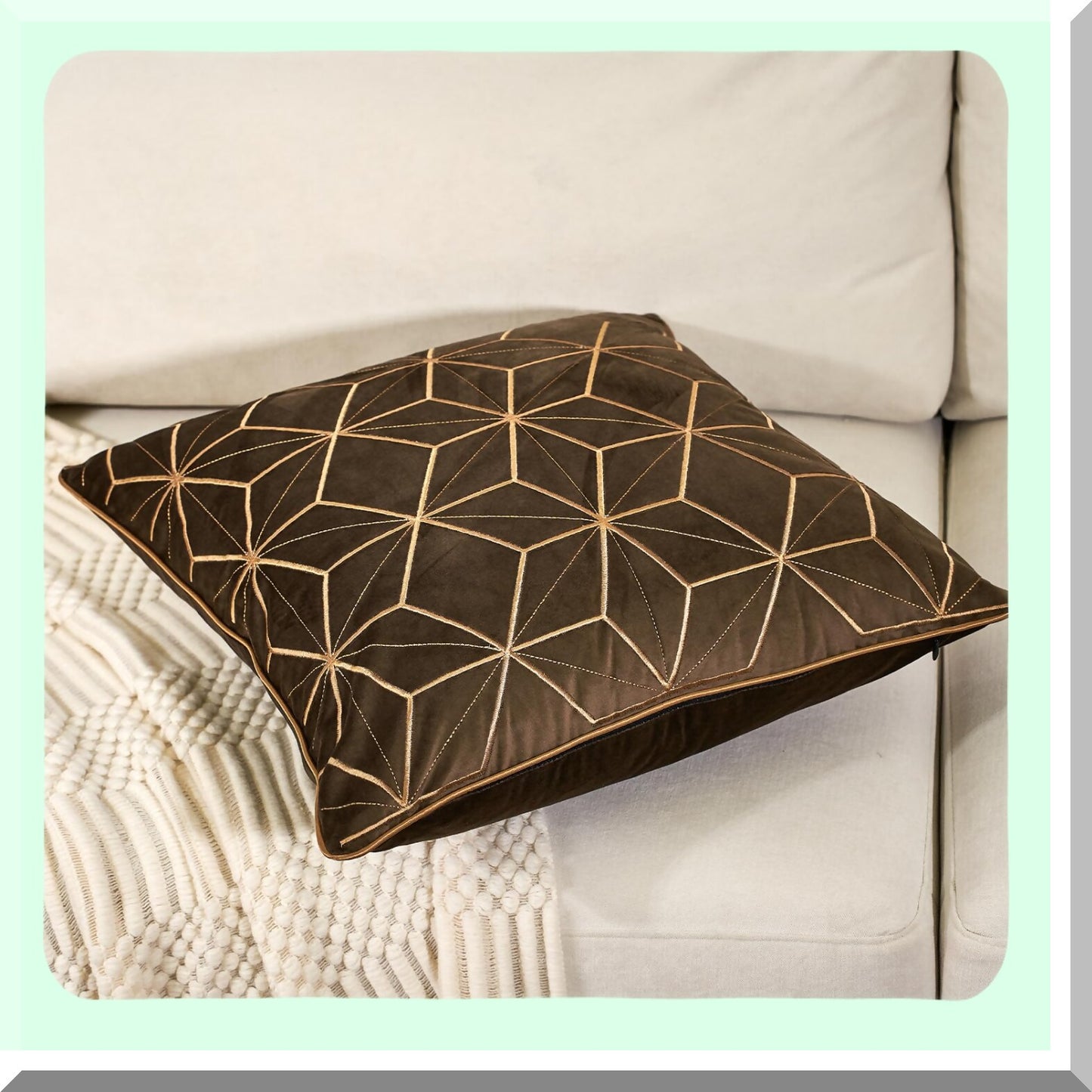 Luxury Plaid Geometric Velvet Pillow Covers - Dark Brown Gold Embroidery Cushion Case - Modern Decorative Square Throw Pillow for Living Room & Bedroom - 16x16 Inch