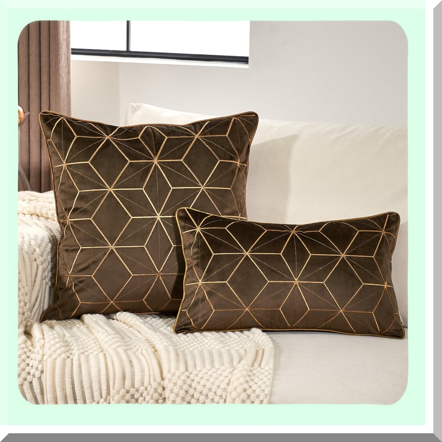 Luxury Plaid Geometric Velvet Pillow Covers - Dark Brown Gold Embroidery Cushion Case - Modern Decorative Square Throw Pillow for Living Room & Bedroom - 16x16 Inch