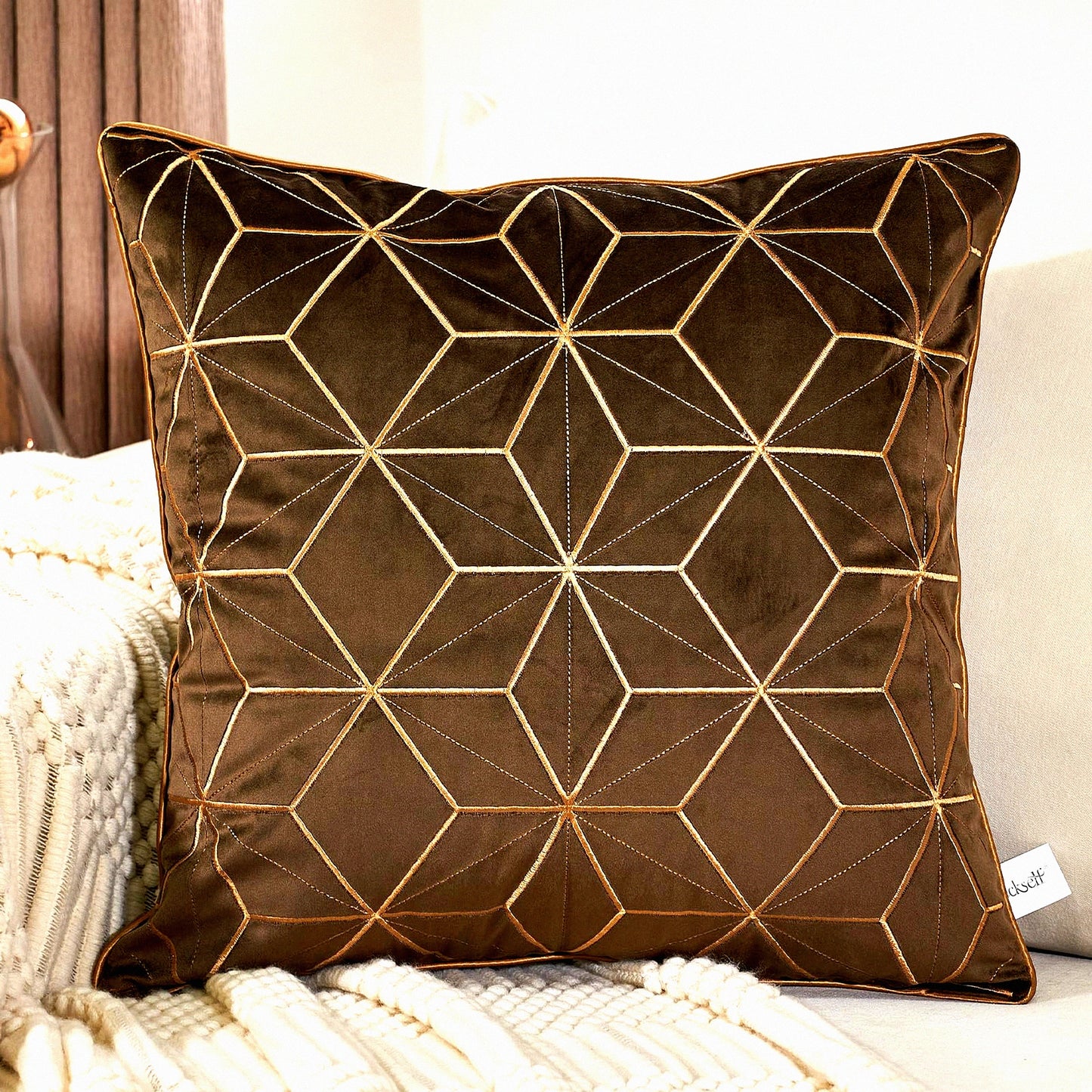 Luxury Plaid Geometric Velvet Pillow Covers - Dark Brown Gold Embroidery Cushion Case - Modern Decorative Square Throw Pillow for Living Room & Bedroom - 16x16 Inch