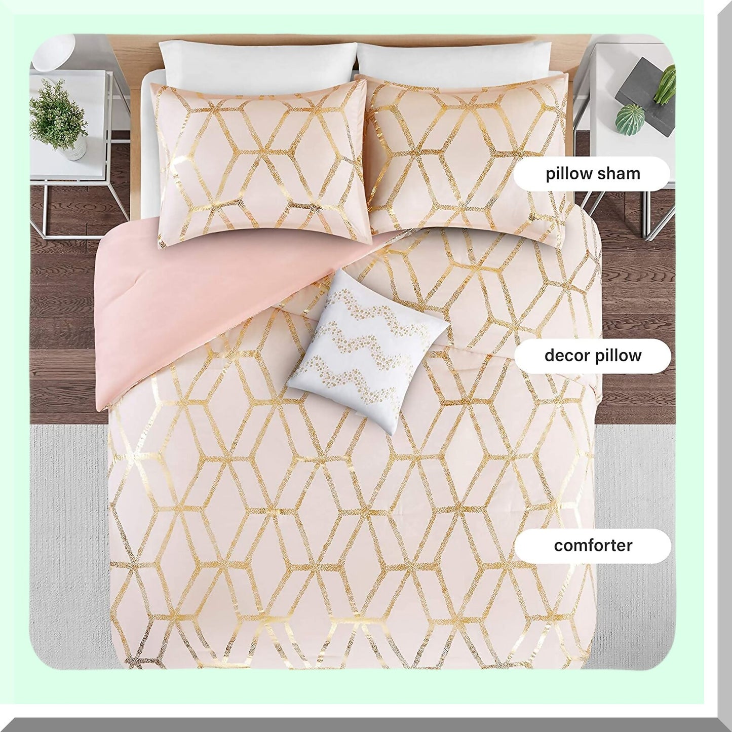 Glam Geometric Comforter Set - Ultra Soft Lightweight Bedding with Metallic Print, Matching Sham & Decorative Pillow for Full/Queen Size Bed, Modern Blush/Gold Theme