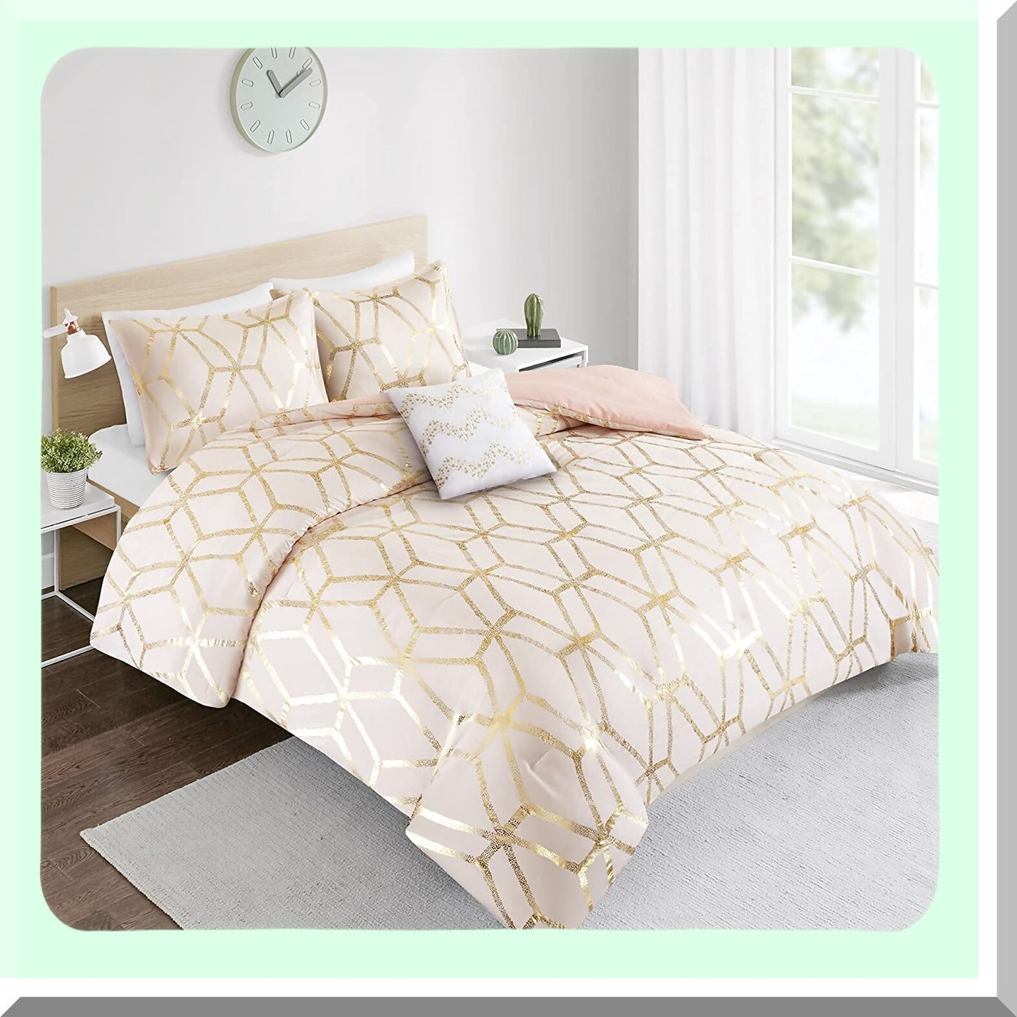 Glam Geometric Comforter Set - Ultra Soft Lightweight Bedding with Metallic Print, Matching Sham & Decorative Pillow for Full/Queen Size Bed, Modern Blush/Gold Theme