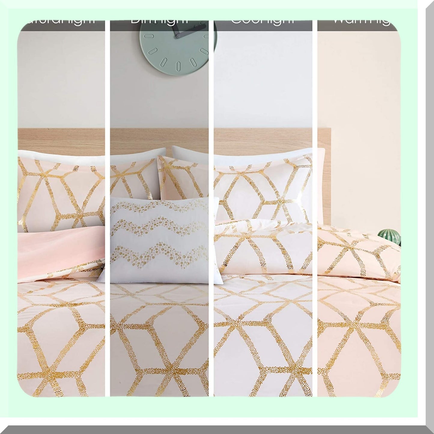 Glam Geometric Comforter Set - Ultra Soft Lightweight Bedding with Metallic Print, Matching Sham & Decorative Pillow for Full/Queen Size Bed, Modern Blush/Gold Theme