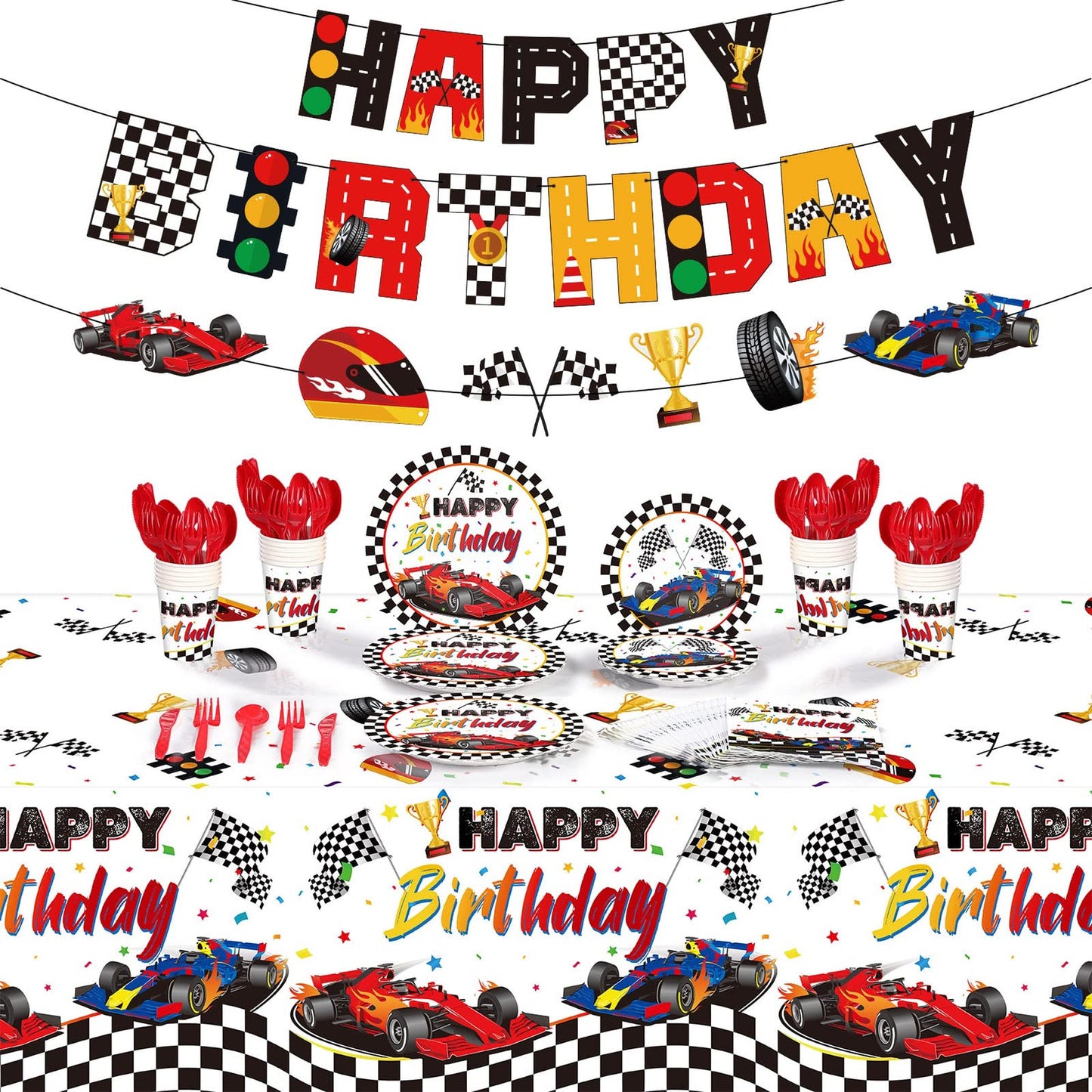 Race Car Party Pack - Complete set of 173 pieces for a thrilling birthday celebration! Includes themed tablecloth, banner, plates, napkins, and more. Perfect for kids who love cars!