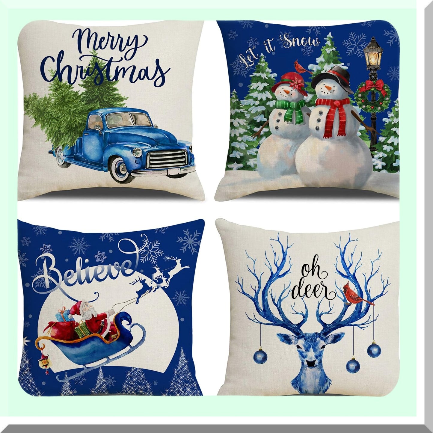 Holiday Blue Farmhouse Pillow Covers - Set of 4 Xmas Series Cushion Decorations for Sofa Couch Bed & Outdoor Living Room - 18x18