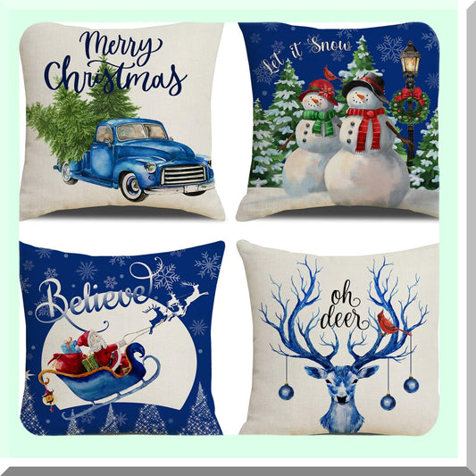 Holiday Blue Farmhouse Pillow Covers - Set of 4 Xmas Series Cushion Decorations for Sofa Couch Bed & Outdoor Living Room - 18x18