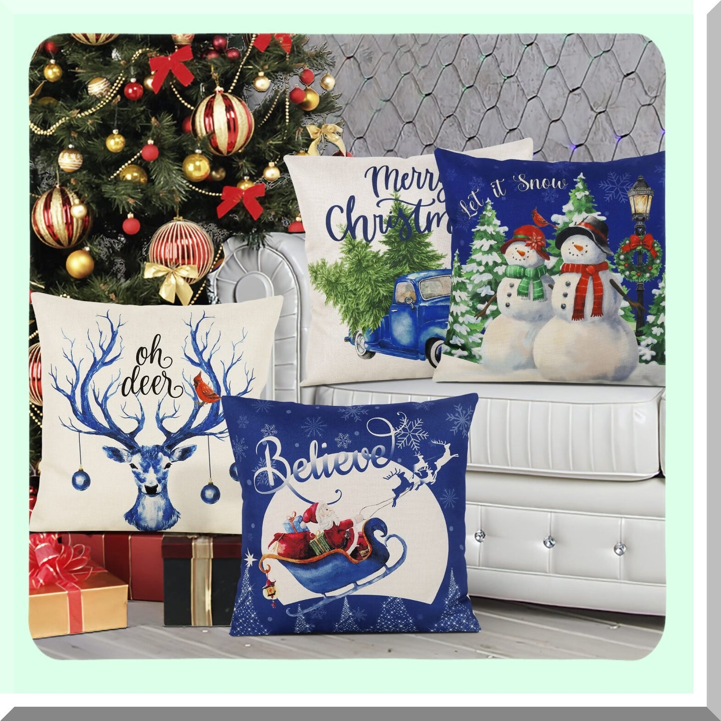 Holiday Blue Farmhouse Pillow Covers - Set of 4 Xmas Series Cushion Decorations for Sofa Couch Bed & Outdoor Living Room - 18x18