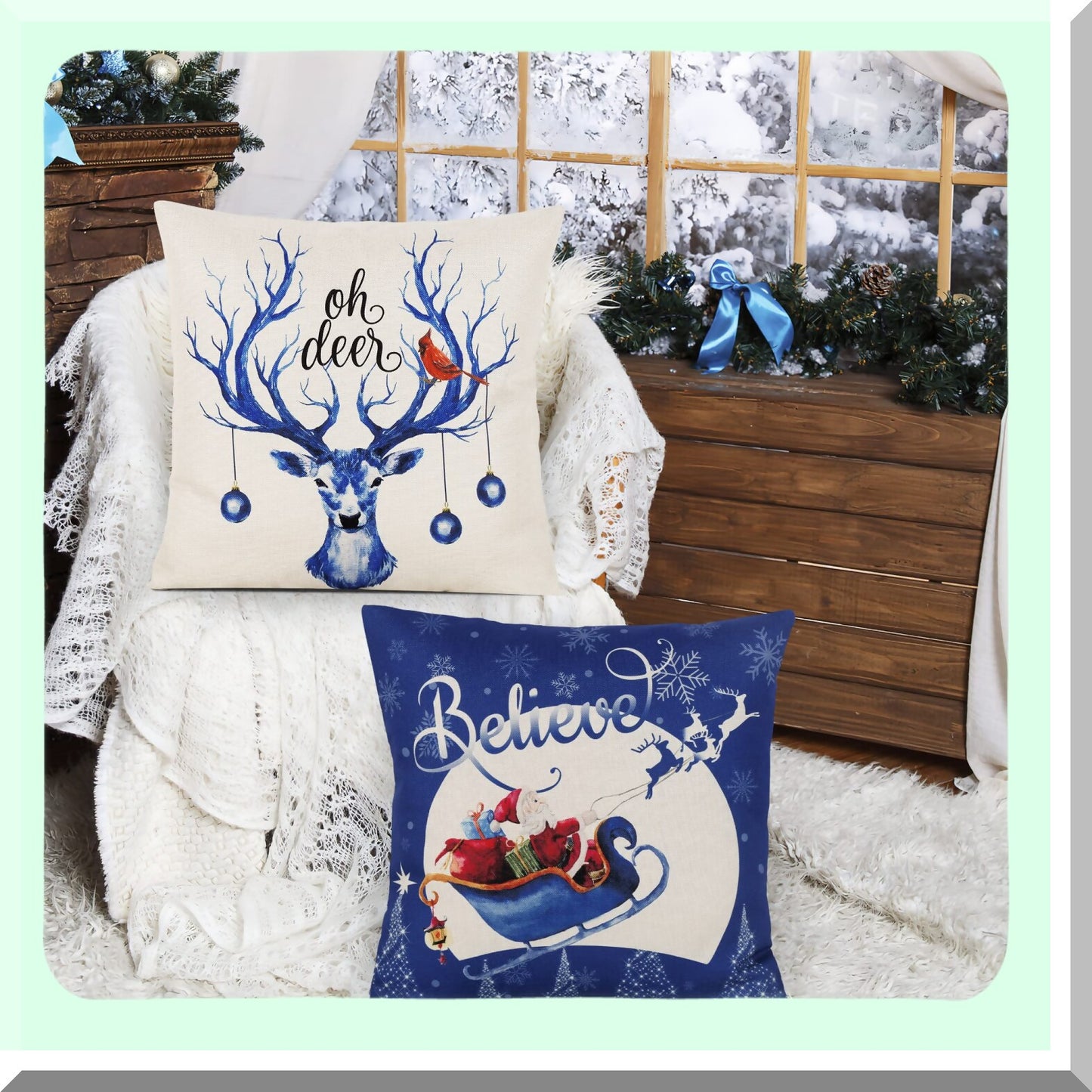 Holiday Blue Farmhouse Pillow Covers - Set of 4 Xmas Series Cushion Decorations for Sofa Couch Bed & Outdoor Living Room - 18x18