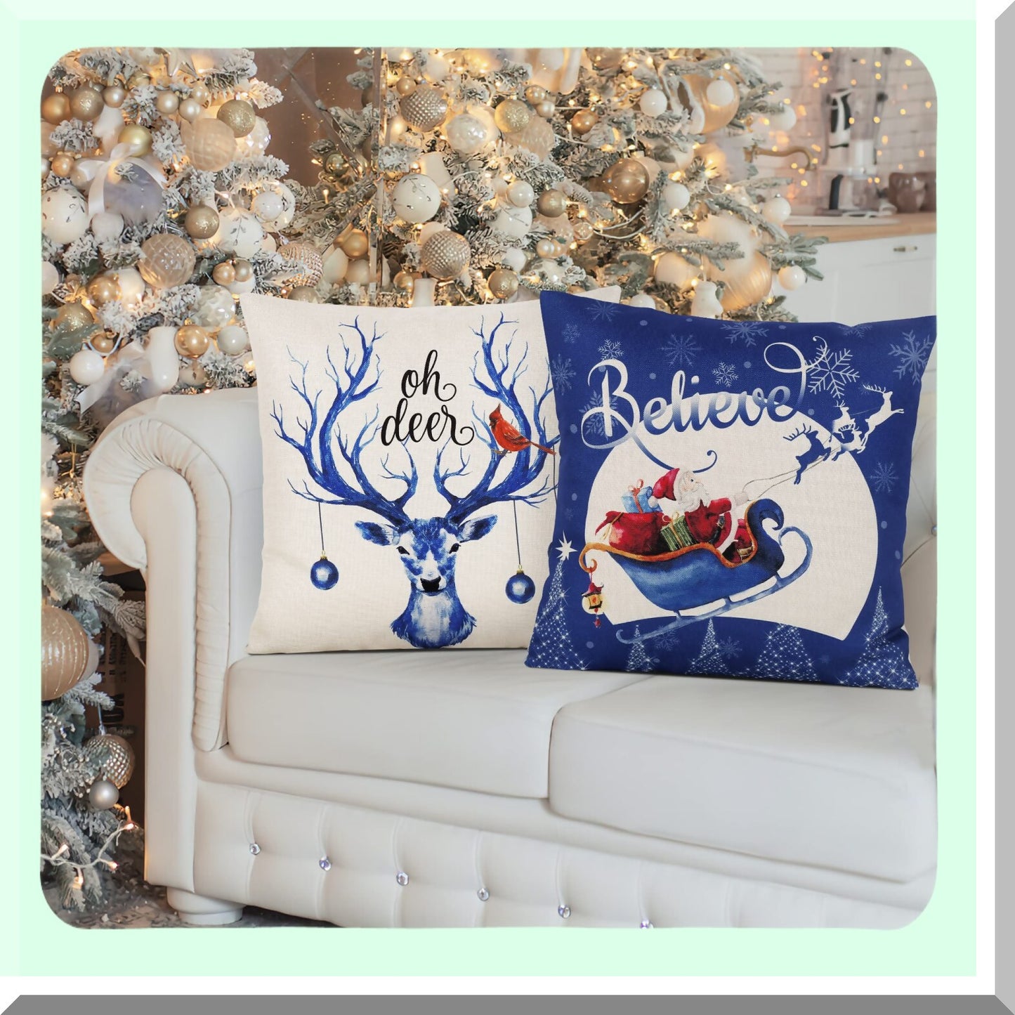 Holiday Blue Farmhouse Pillow Covers - Set of 4 Xmas Series Cushion Decorations for Sofa Couch Bed & Outdoor Living Room - 18x18
