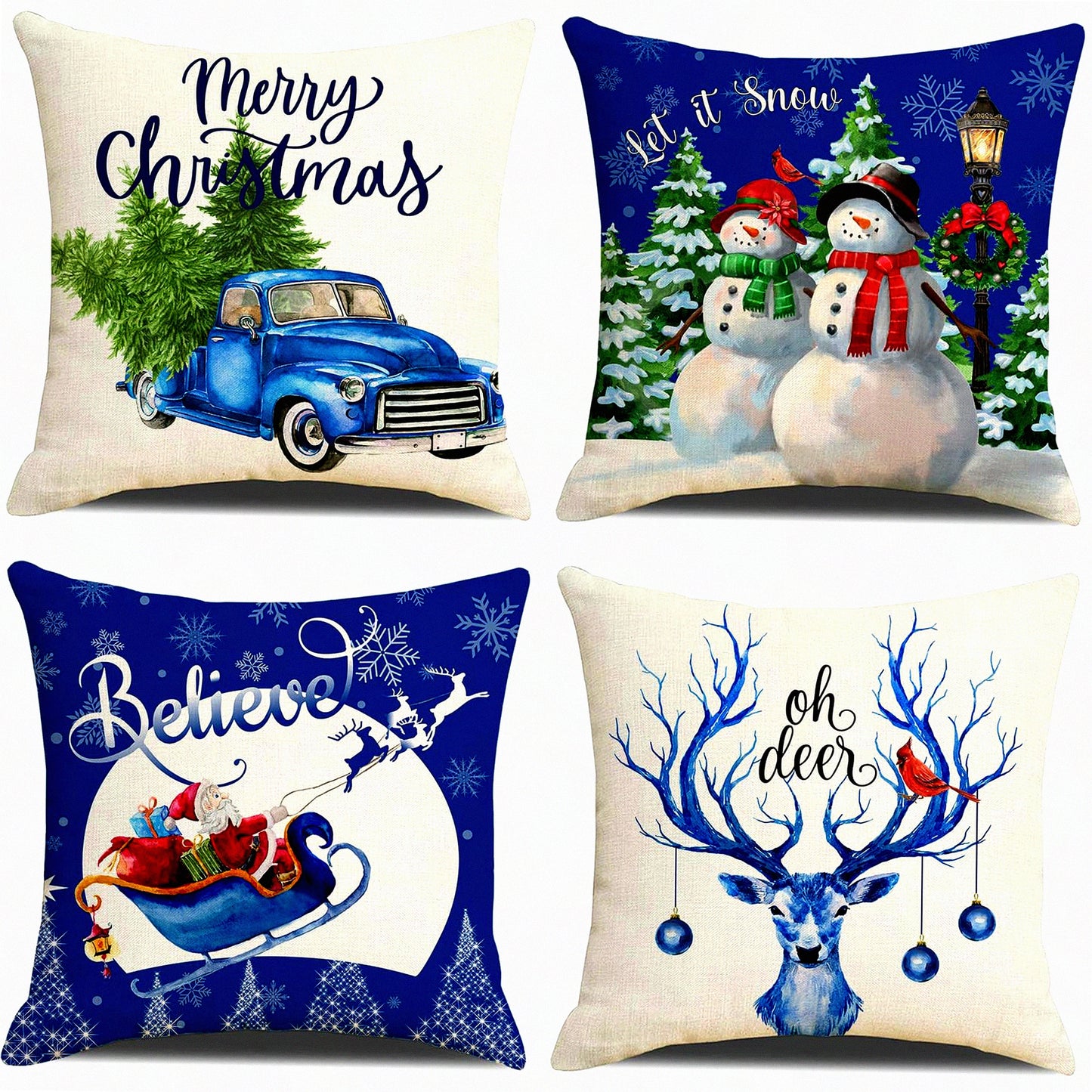 Holiday Blue Farmhouse Pillow Covers - Set of 4 Xmas Series Cushion Decorations for Sofa Couch Bed & Outdoor Living Room - 18x18