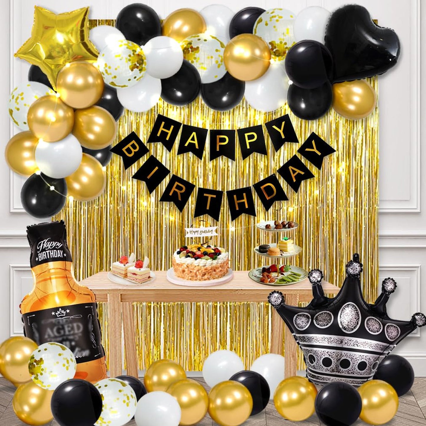 Black Gold Birthday Bash Kit - 53pc Happy Birthday Set with Banner, Curtains, Crown, LED Lights, Balloons & More! Perfect Party Supplies for Men & Women.