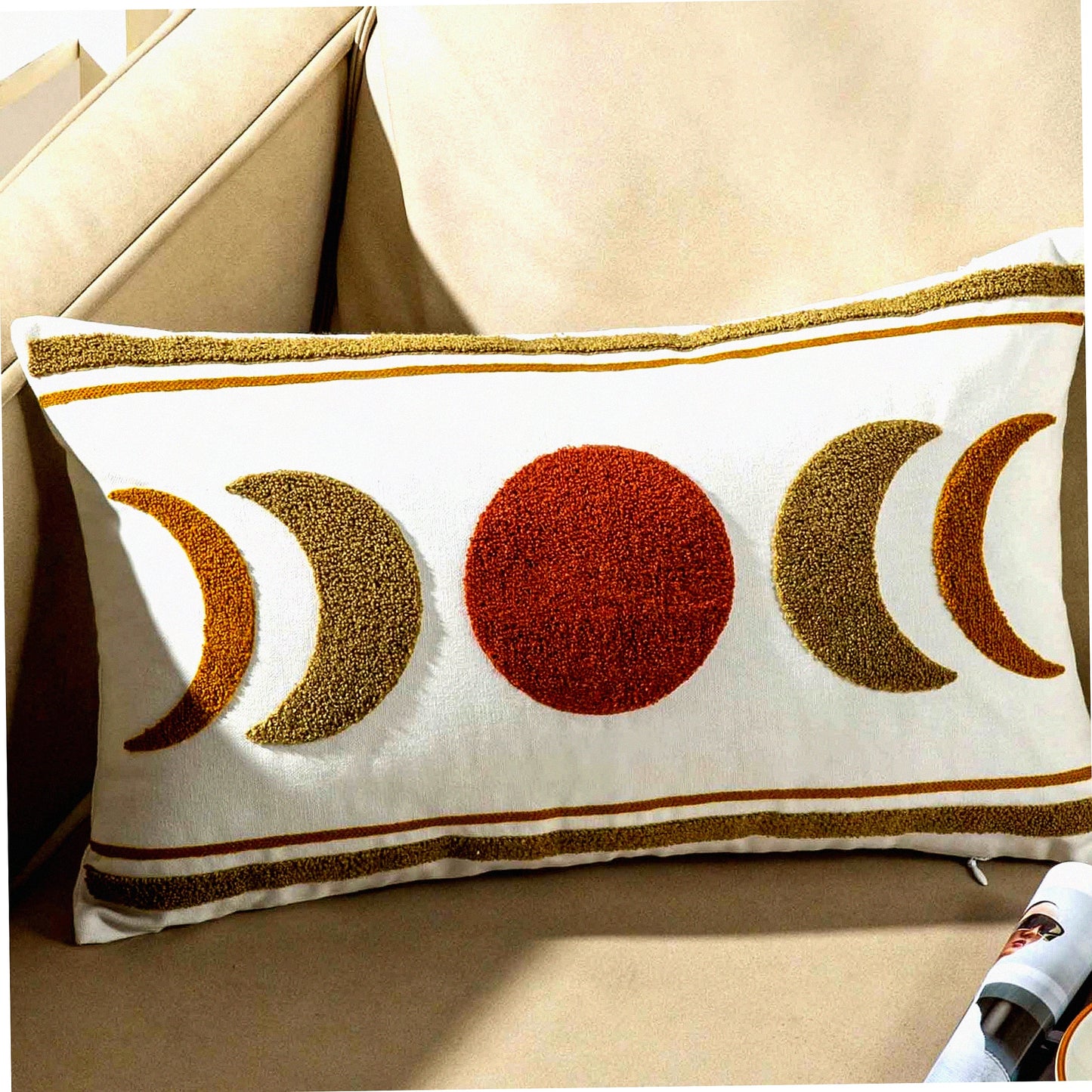 Boho Moonlight Lumbar Pillow Cover - Embroidered Bohemian Style Decorative Throw Pillow Case for 12x20 Inch Cushions - Boho Chic Home Decor