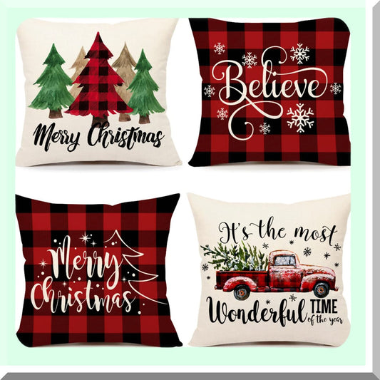 Winter Farmhouse Buffalo Check Pillow Covers - Set of 4 Red Black 18x18 Throw Cushion Cases for Home Couch Decorations.