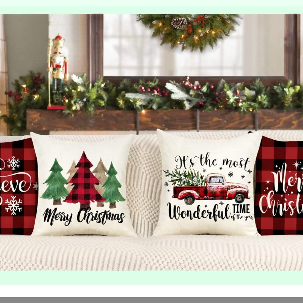 Winter Farmhouse Buffalo Check Pillow Covers - Set of 4 Red Black 18x18 Throw Cushion Cases for Home Couch Decorations.