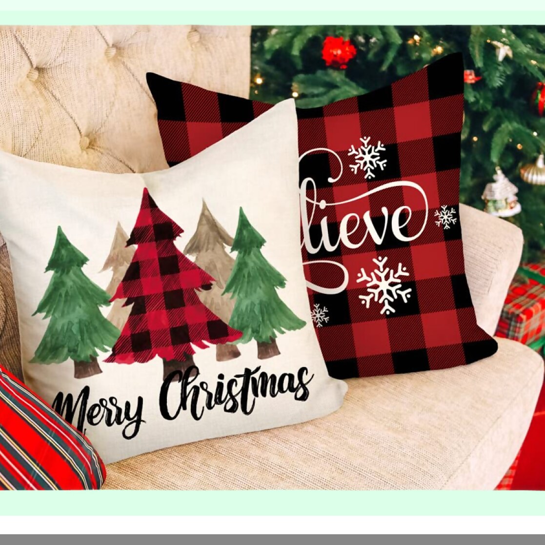 Winter Farmhouse Buffalo Check Pillow Covers - Set of 4 Red Black 18x18 Throw Cushion Cases for Home Couch Decorations.