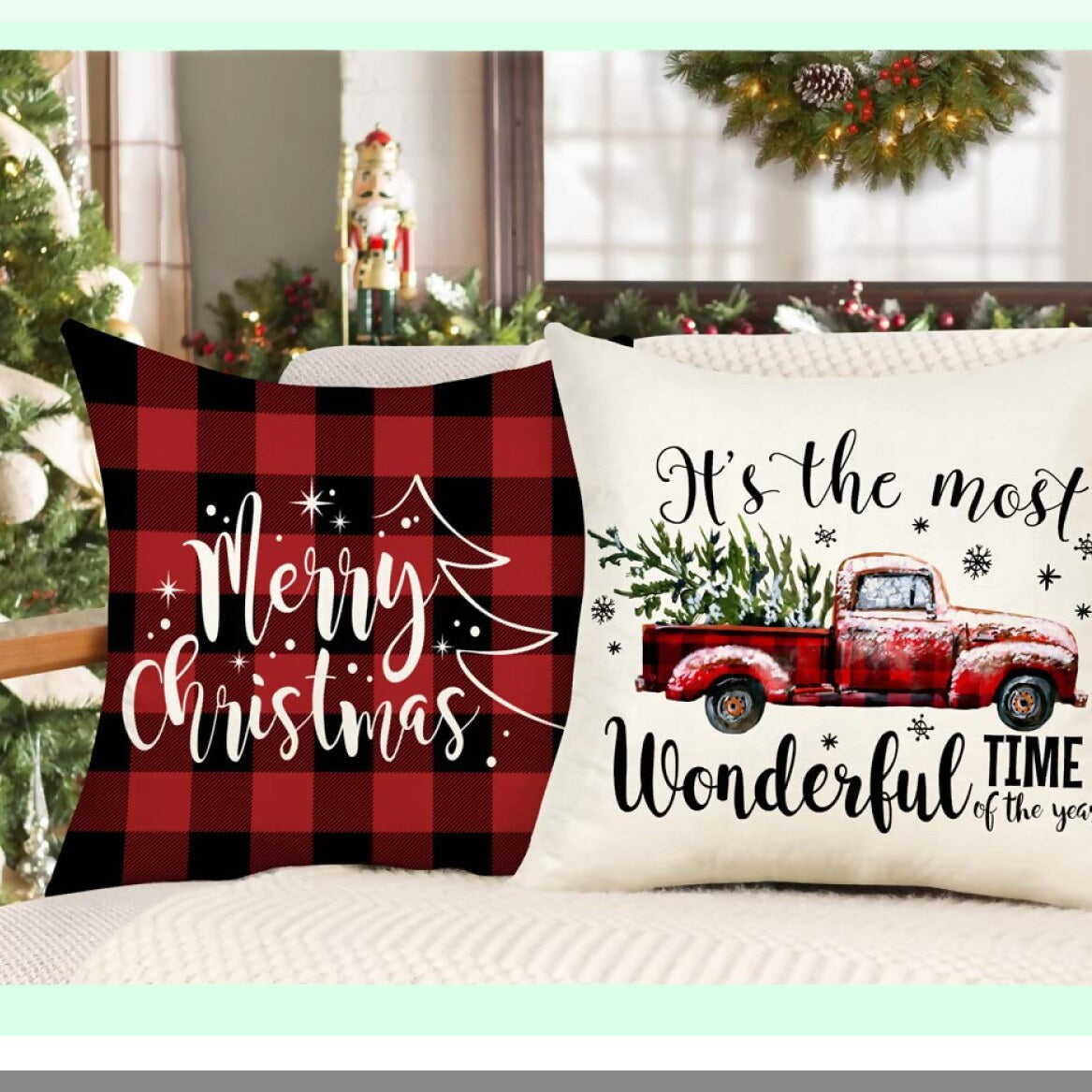 Winter Farmhouse Buffalo Check Pillow Covers - Set of 4 Red Black 18x18 Throw Cushion Cases for Home Couch Decorations.